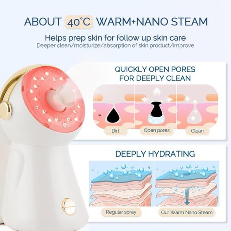 Facial Steamer,with 7 Colors Led Light,Face Steamer for Facial Deep Cleaning,Warm Mist Nano Ionic Steamer for face,Steam Humidifier,Facial Steamers Home Facial spa, Gift for Women（Gold with Light）