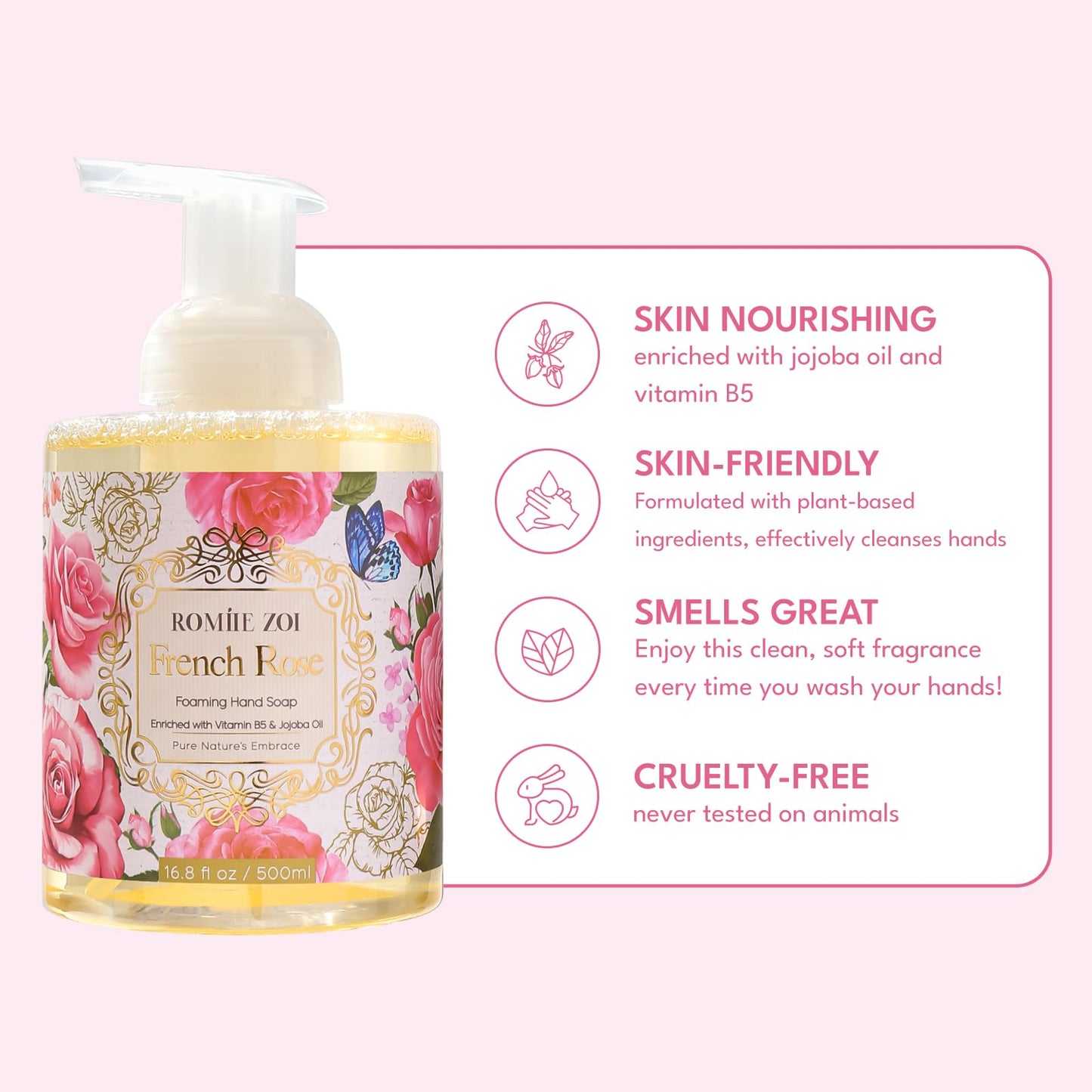 ROMIIE ZOI Foaming Hand Soap with Gift Box- French Rose - Biodegradable Formula Moisture & Revitalize - 500ml/ 16.8oz
