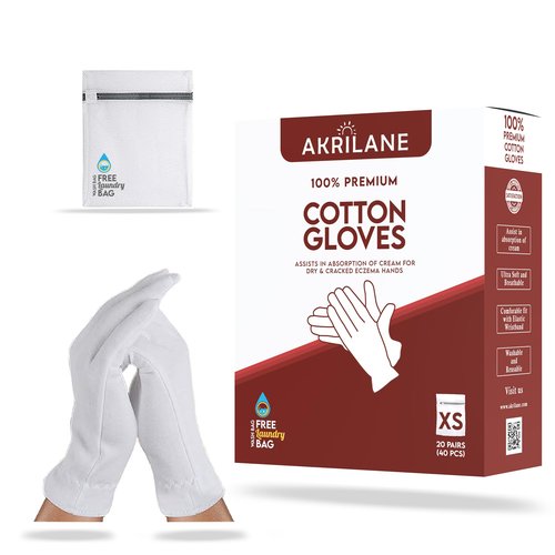 XS Extra Small 20 Pairs 100% Premium Cotton Gloves for Dry Hands | Moisturizing Overnight Gloves for Eczema, Psoriasis & Skin Spa Treatment for Women & Men | Washable & Reusable with Free Laundry Bag