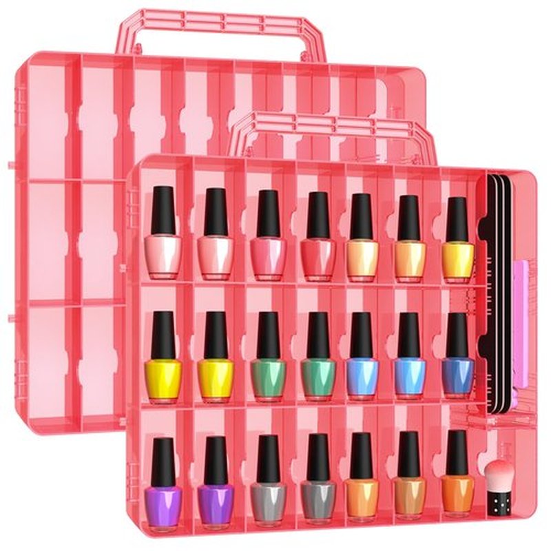Beloving 2pcs Nail Polish Organizer, Portable 48 Bottles Clear Nail Polish Holder with Adjustable Divider, Gel Nail Polish Storage Double Side Nail Polish Organizer Case for Nail Tech Red