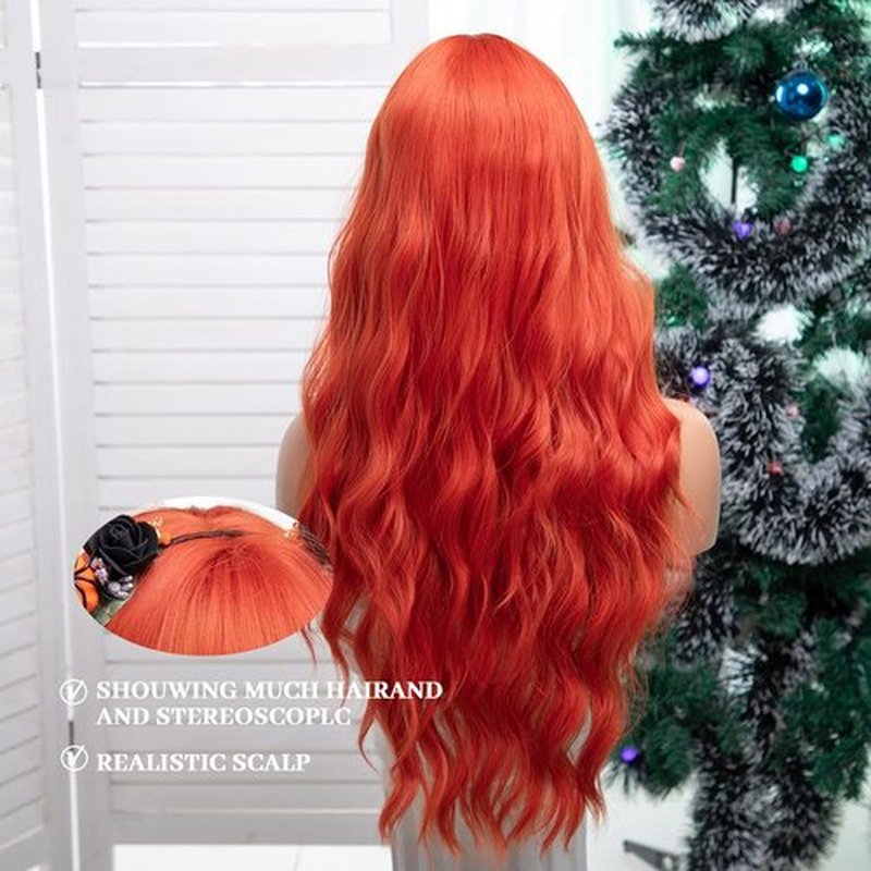 FORCUTEU Orange Wig with Bangs Long Orange Wigs for Women Orange Red Wavy Wigs Orange Heat Resistant Wigs for Daily Party Halloween Cosplay (Orange 26inch)