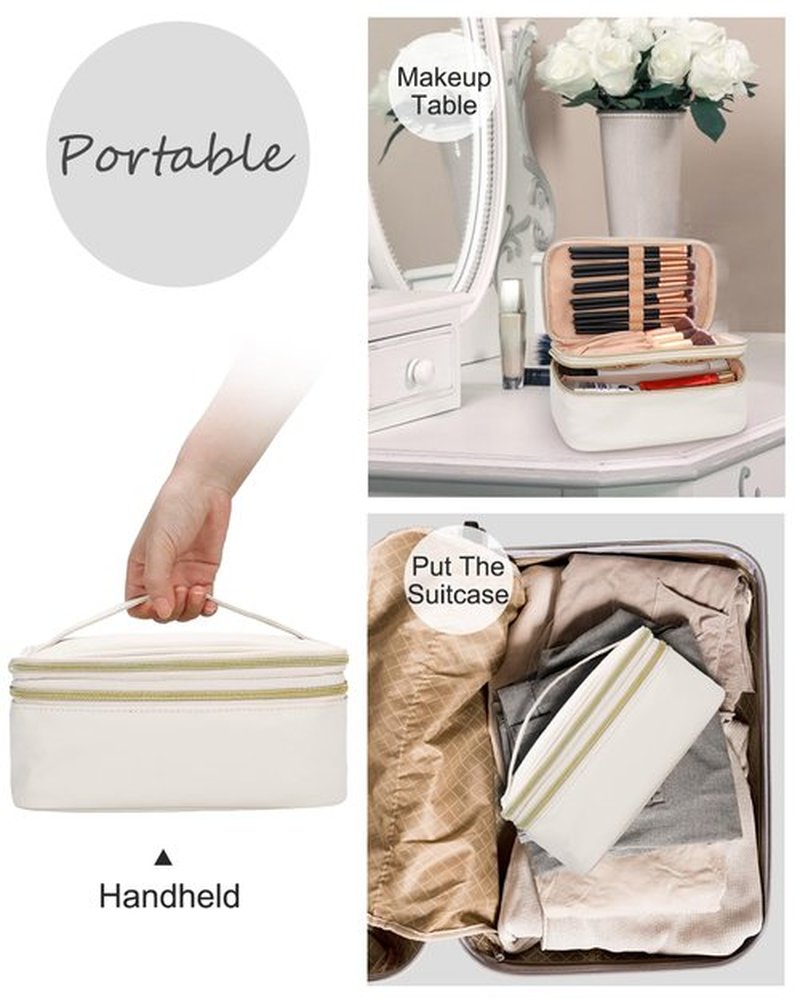 Relavel Travel Makeup Bag Multifunctional Make Up Bags with Zipper Pouch Large Compact Makeup Bag Organizer for Women Girls Cosmetics Toiletry Brushes Storage (White)
