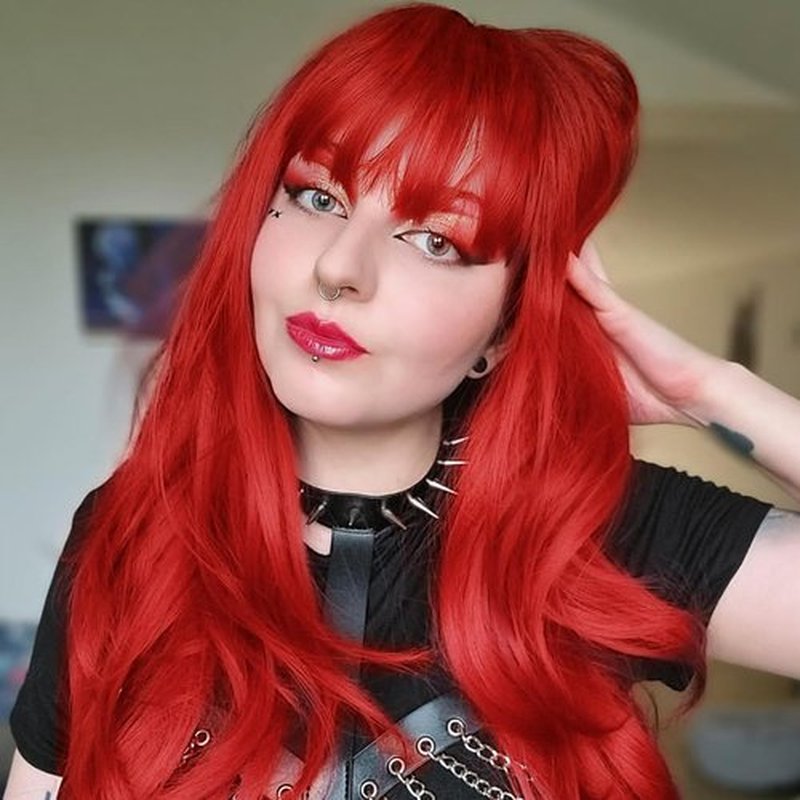 FORCUTEU Red Wig Long Red Wig with Bangs Long Wigs for Women Long Wavy Synthetic Heat Resistant Fiber Wigs for Party Halloween Daily Use