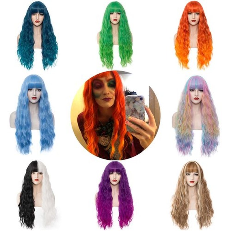 WGPFWIG Women's Blue Ombre Wig 27''Long Curly Wavy Wig Shoulder Length Flat Bangs Wig For Women Girl Cosplay Party Halloween Wig Cap Included (27''Blue Ombre)