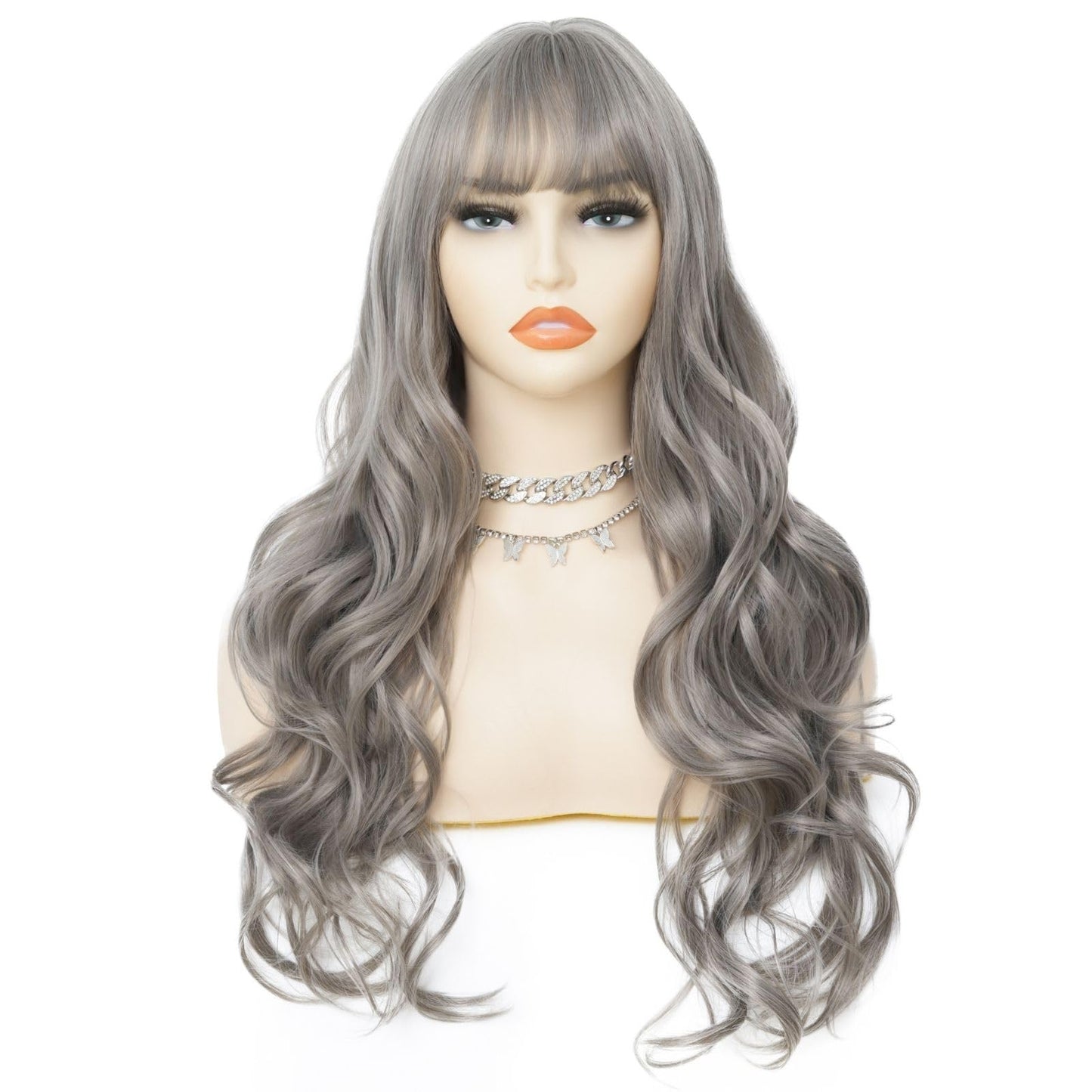 Salaibs Grey Long Curly Wavy Wigs for Women with Bangs Natural Wave Dark Gray Hair Wig Synthetic Heat Resistant Halloween Daily Wig