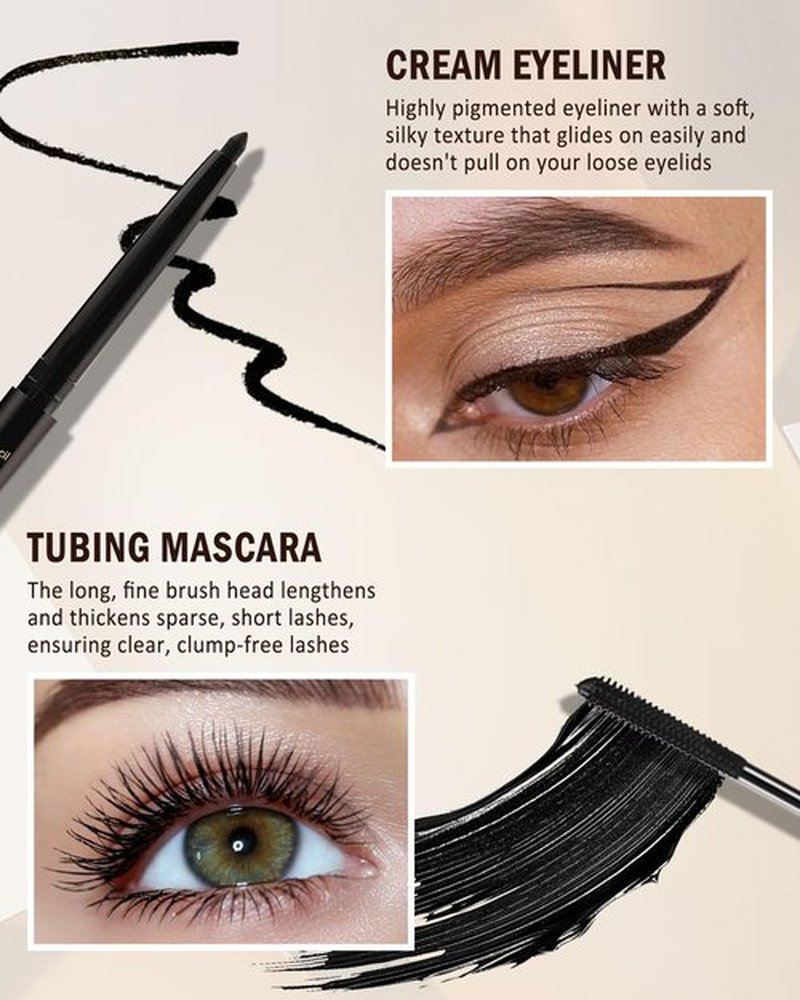 Brown Mascara & Eyeliner Set for Older Women 60 Plus, Tubing Mascara Volume and Length, Cream Waterline Eyeliner Gel Pencil, for Thinning Lashes, Sensitive Eyes, Waterproof Smudge Proof Long Lasting