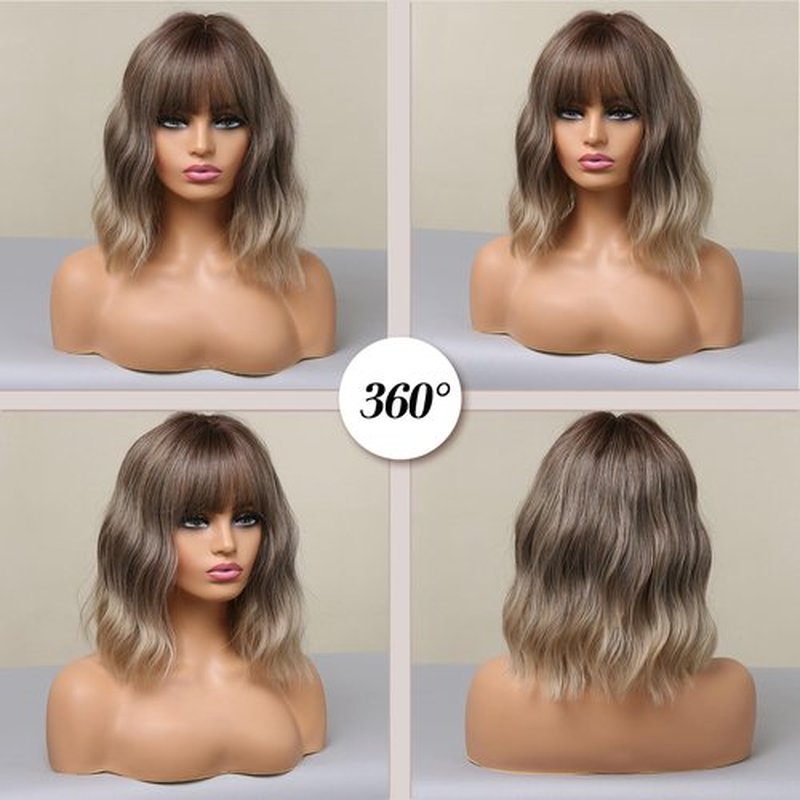Allbell Brown to Blonde Wigs for Women Short Wavy Bob Wig with Bangs for Women Synthetic Short Curly Wave Wigs Heat Resistant Fiber Hair Wigs for Daily