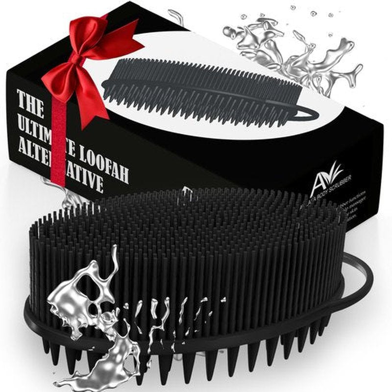 Avilana Silicone Body Scrubber – Dual-Sided Silicone Loofah for Shower, Body Scrubber for Men & Women, Gentle Loofa Alternative, Easy-to-Clean Silicone Body Scrubber Exfoliator (S3-Black with Silver)