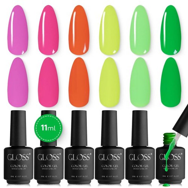 GLOSS Neon Gel Polish Set | 6 Pcs with Neon Pink, Bright Pink, Neon Orange, Neon Yellow, Green Lime & Neon Green Colors, LED Nail Gel Polish, Soak off DIY Nail Summer Gel Polish for Women & Girls