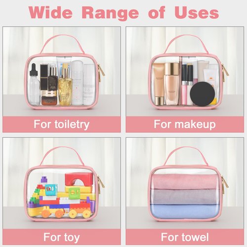 Wedama TSA Approved Toiletry Bag, 3 Pack Clear Makeup Bags with Handles, Quart Size Clear Toiletry Bags, PVC Cosmetic Bags for Women and Men, Carry on Airport Airline Comp (Pink, 3 Pack, Medium)