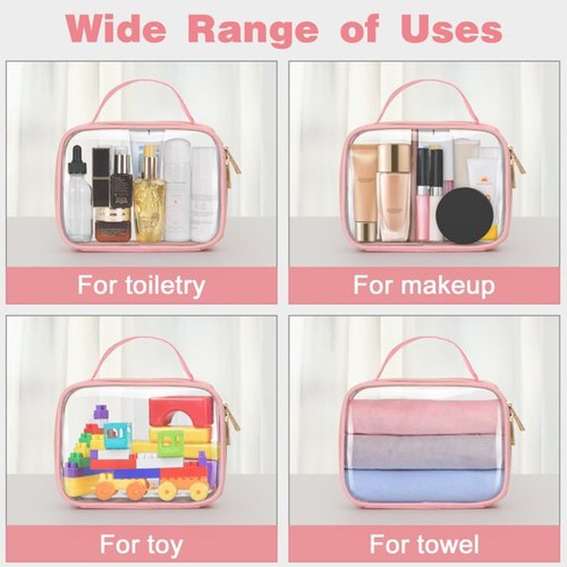 Wedama TSA Approved Toiletry Bag, 4 Pack Clear Makeup Bags with Handles, Quart Size Clear Toiletry Bags, PVC Clear Cosmetic Bags for Women and Men, Carry on Airport Airline Compliant Bag, Pink