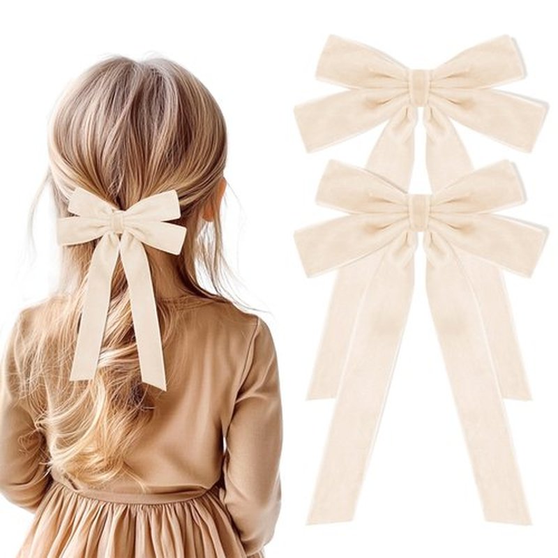 2PCS Beige Hair Bows Soft Velvet Bow Hair Clip with Long Tail Hair Accessories for Women Girls Toddlers