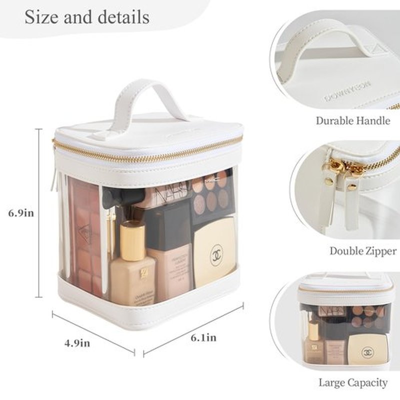 ROWNYEON Clear Makeup Bag, Travel Toiletry Bag Transparent Cosmetic Case with Zipper, Portable Make Up Organizer Clear Car Bag for Essentials with Handle (White)