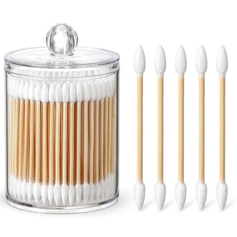 700 Count Cotton Swabs with 1 Clear Dispenser Holder - Double Pointed Tips & Thick Cotton & Sturdy Bamboo Stick - Eco-Friendly, Biodegradable Natural Cotton Buds for Makeup, Hygiene, Beauty Care