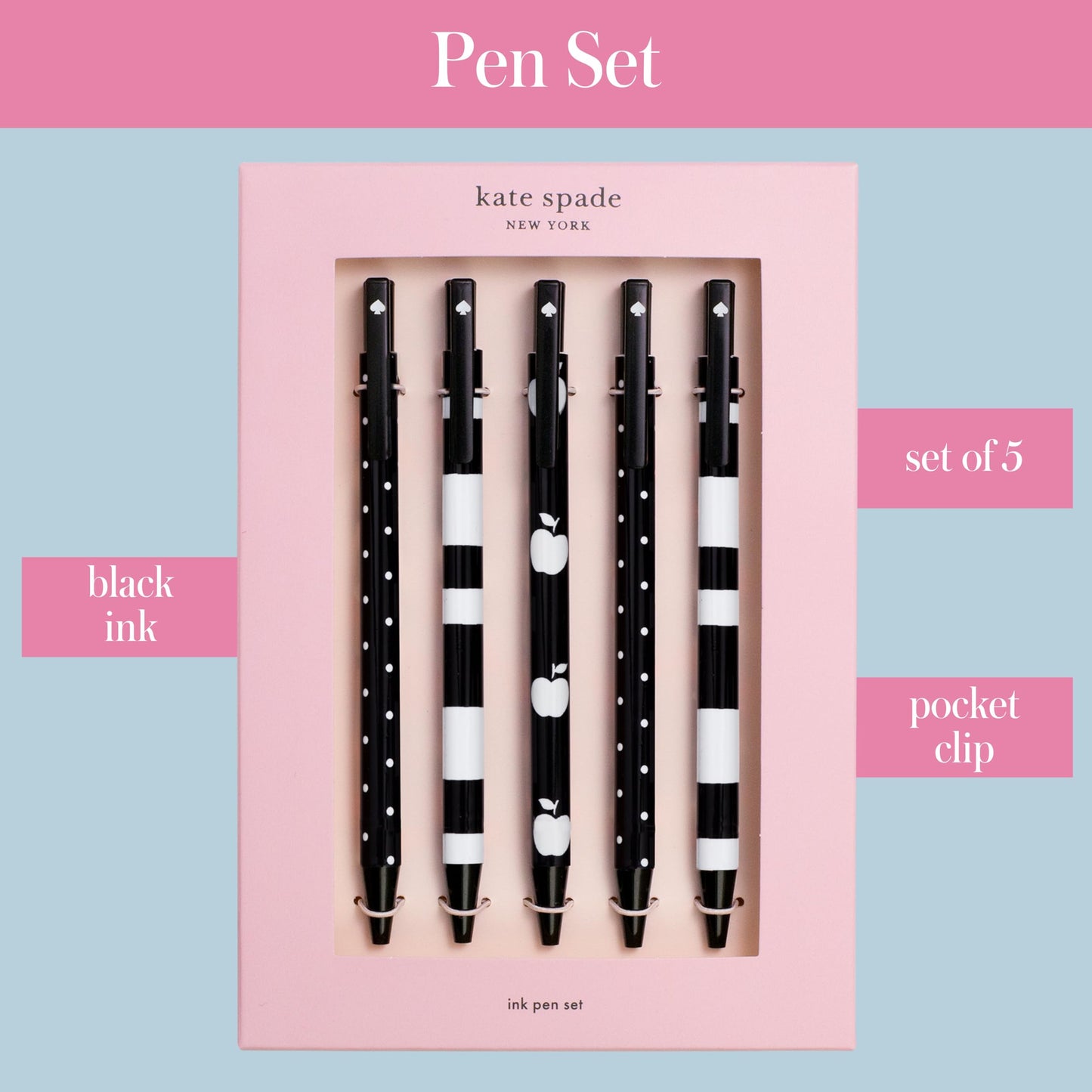 kate spade new york Black Ink Pen Set of 5, Cute Leopard Click Pens, Plastic Retractable Pens for Writing and Journaling, Forest Feline