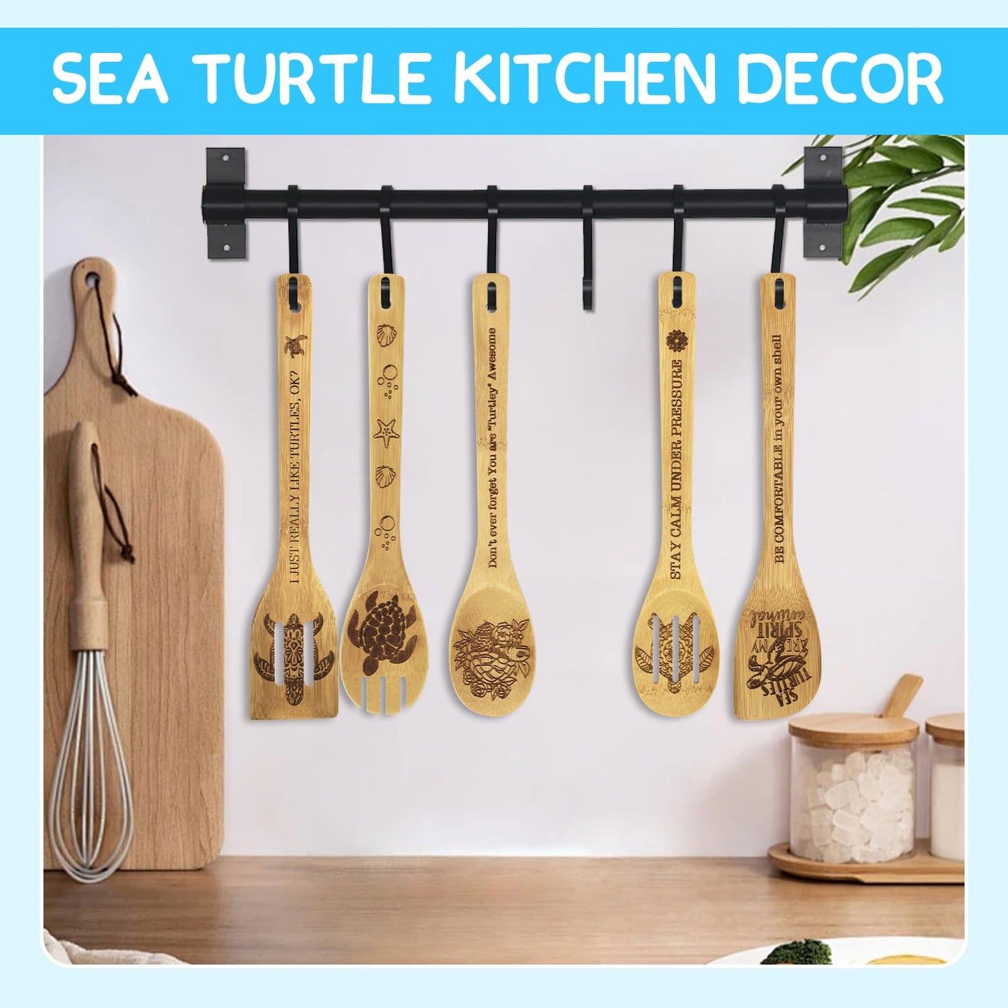 Sea Turtle Gifts for Women 6PCS Unique Sea Turtle Print Bamboo Spoons Gifts Set with Keychain Sea Turtle Decor Kitchen Gifts for Mom Bestie Teacher