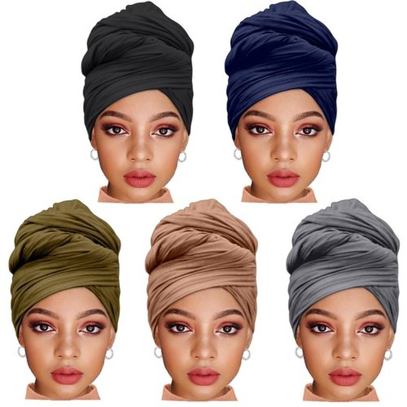 ZRQ 5 Pieces Stretch Jersey Turban Fashion Headband Soft Breathable Long Lightweight and Comfortable Tie Head Wraps for Black Women (Black,Army Green,Dark Blue,Camel,Dark Grey)