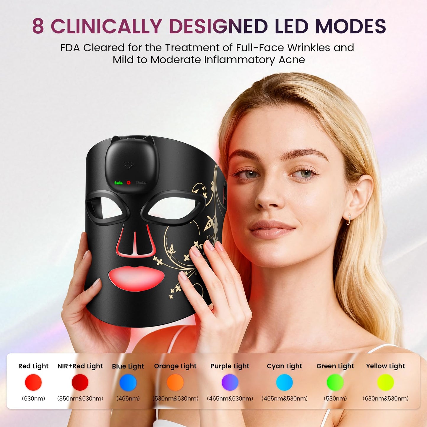 FDA Cleared Red Light Therapy Mask for Face, RB-008J LED Light Therapy Mask with Infrared/Blue/Red+Blue Modes for Wrinkles & Mild to Moderate Acne, Home-Use LED Face Mask
