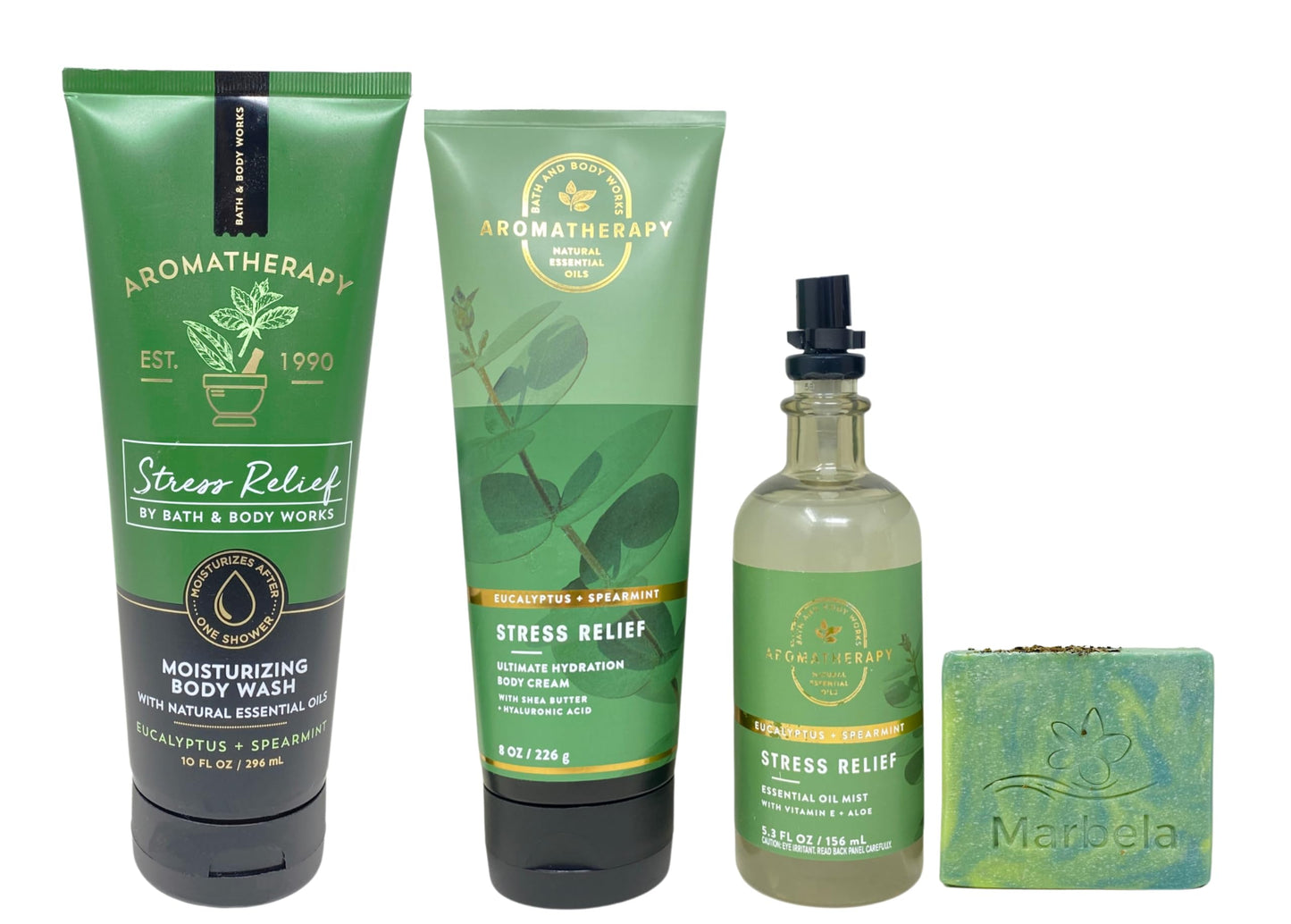 Bath & Body Works Aromatherapy Stress Relief Eucalyptus Spearmint Moisturizing Body Wash, Ultimate Hydration Body Cream and Essential Oil Mist with a Fresh Forest Bar Soap
