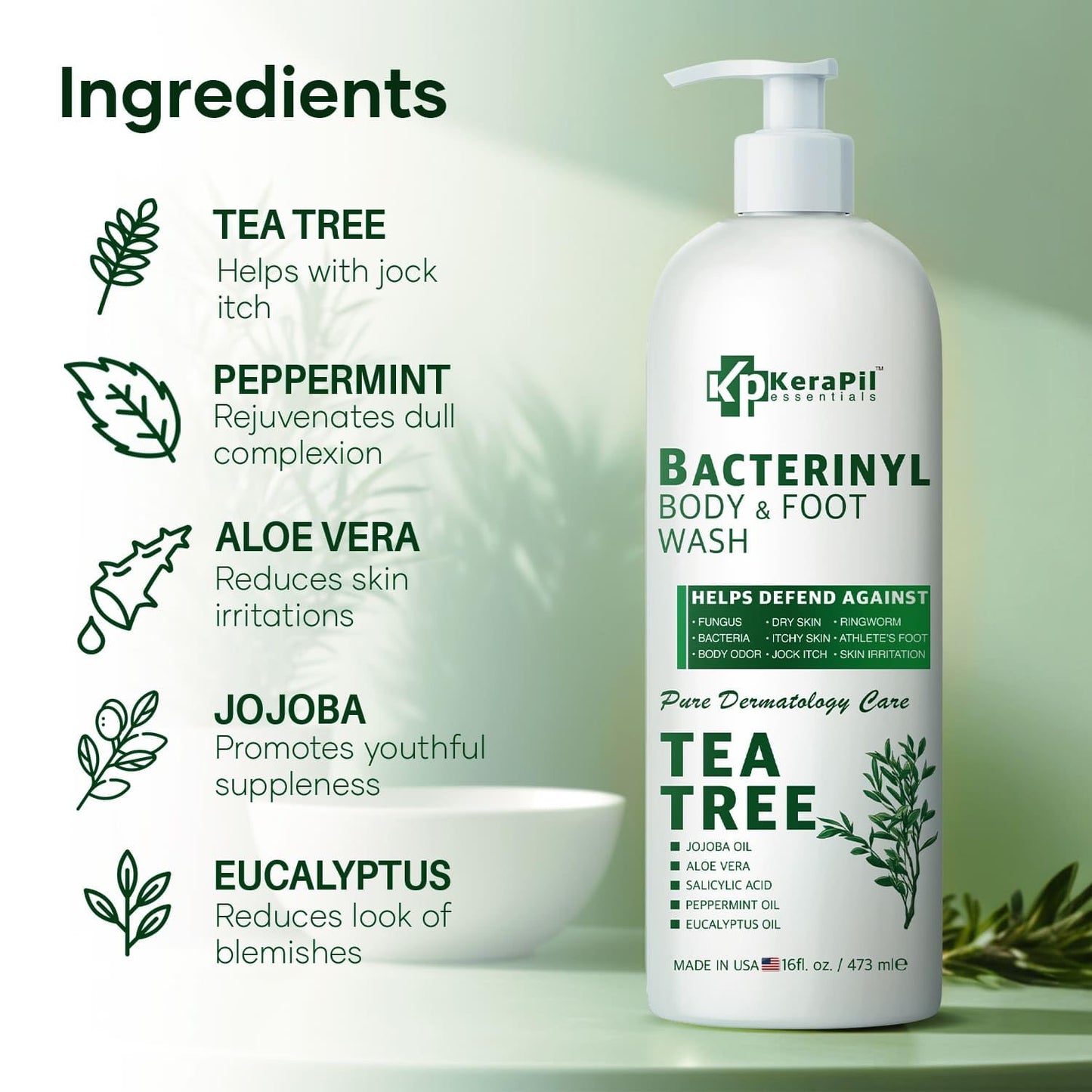 KERAPIL Bacterinyl Tea Tree Oil Body Wash - Antibacterial & Antifungal Support for Ringworm, Body Odors, Athlete’s Foot & Acne, Helps Soothe Itchy, Dry Skin - Made in USA (16 fl oz x 2)