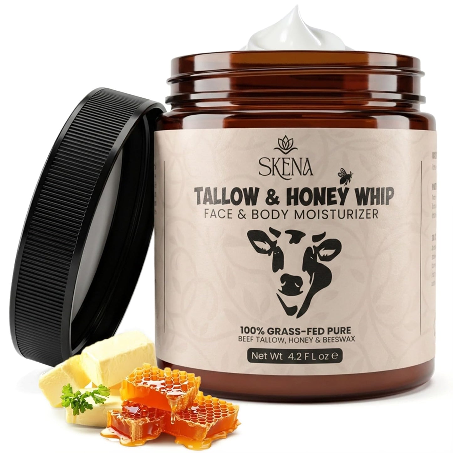 Grass-Fed Beef Tallow Moisturizer with Honey & Beeswax – Whipped Tallow Face Cream for Deep Hydration – Natural Face & Body Balm for Dry, Sensitive Skin – 4.2 oz for Men & Women