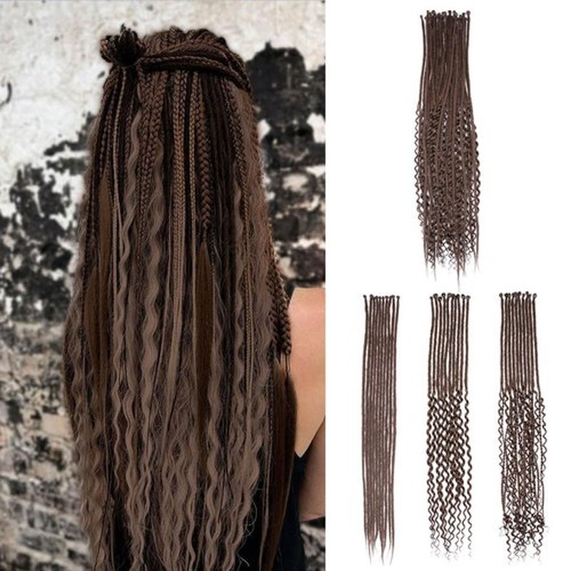 Quiduis 30 Inch 30 Strands SE Dreadlock Extensions,3 In 1 Mixed Synthetic Dreads Extensions,Chocolate Brown Curly&Straight&Boho Single Ended Dreads Extensions Hippie Style Dreadlock for Women