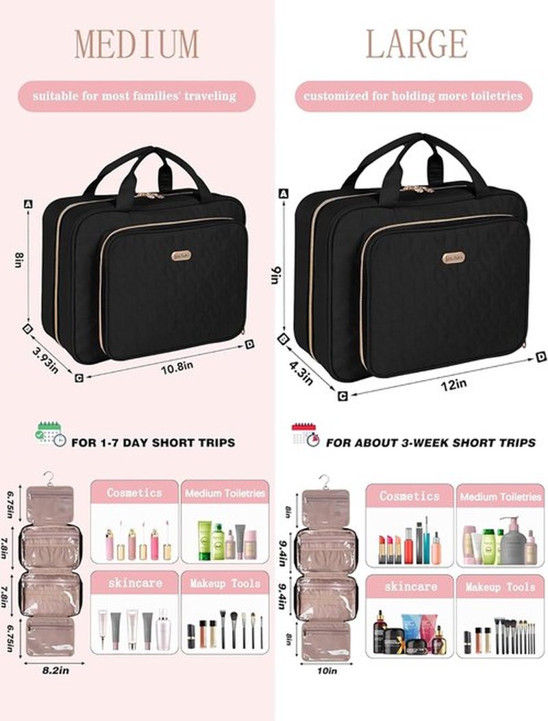 BALULHG Black Toiletry Bag Travel with Hanging Hook, Water-resistant Cosmetic Makeup Bag Organizer for Shampoo, Full Sized Container, Toiletries