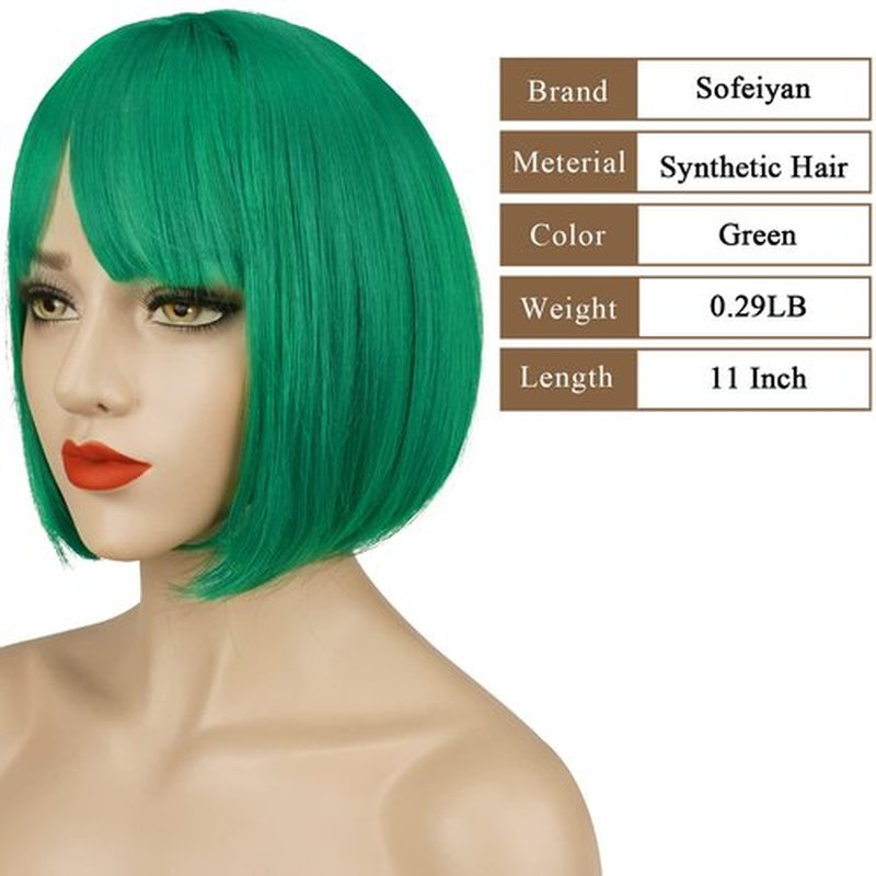 SOFEIYAN Short Straight Bob Wigs with Bangs 11 inch Synthetic Daily Party Cosplay Hair Wig for Black Women, Green