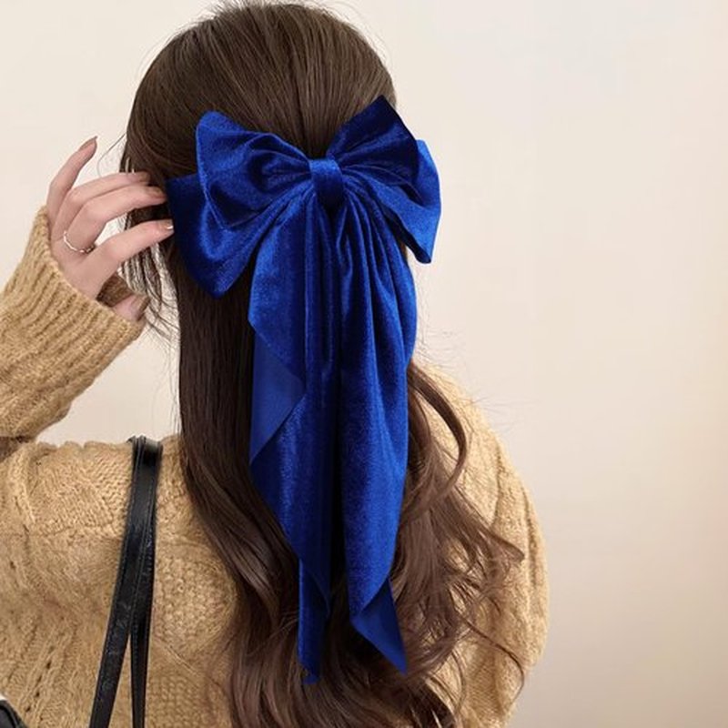 2pc Royal Blue Velvet Ribbon Hair Bows for Women Girls Big Bowknot Hair Clips with Long Tail French Barrette Hair Clamps Wedding Party Hair Decor Accessories