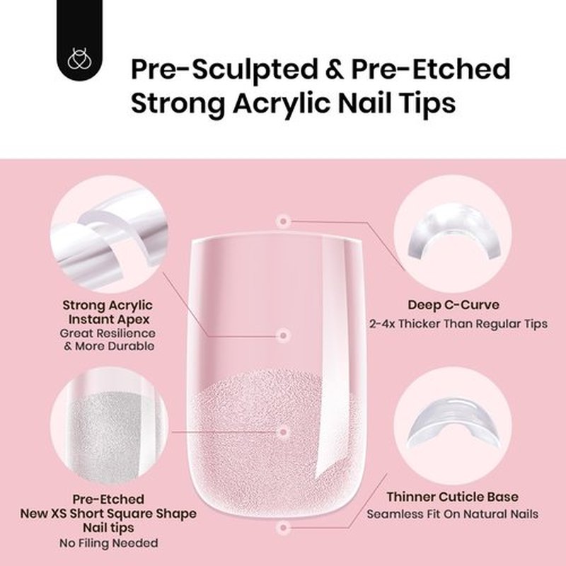 Beetles Tipex Instant Apex Nail Tips Extra Short Square: 192 Pcs Pre-Building&Pre-Etched Short Square Gel Nail Tips Full Cover Half Matte False Glue on Nail Tips -Thick Acrylic Nail Set for Flat Nails