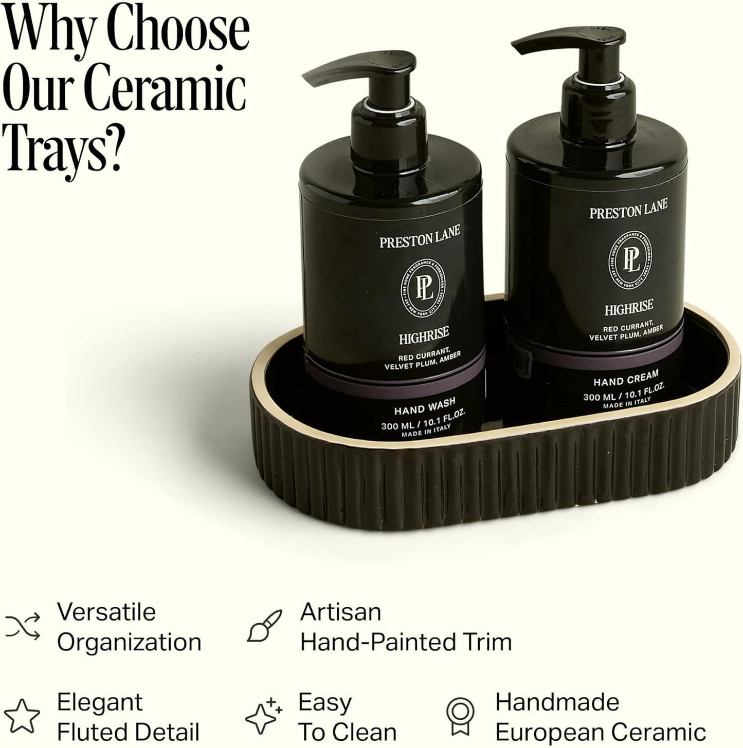 Preston Lane Ceramic Vanity Tray for Bathroom Countertop, Medium, Ink