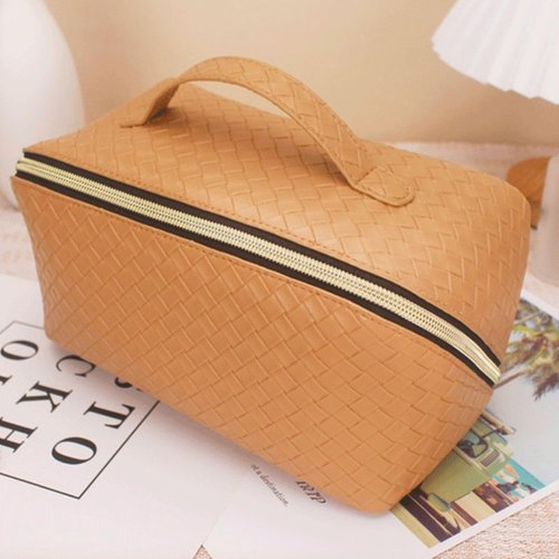 Large Capacity Makeup Bag, Cosmetic Bag Leather Woven Cosmetic Travel Bag Roomy Double Layer Makeup Bags for Women Makeup Pouch Portable Zipper Bags (Tan)