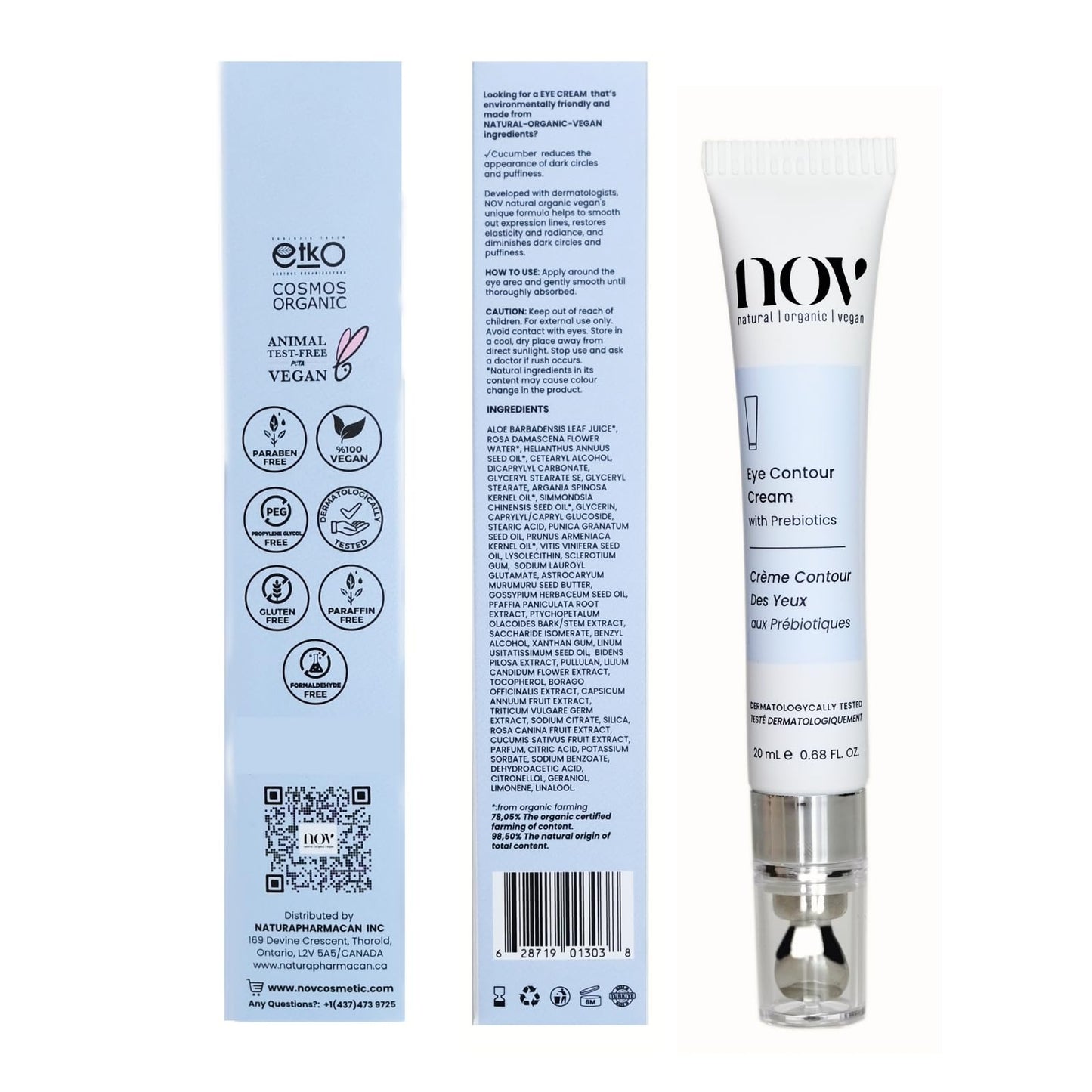 Natural Organic Vegan Eye Cream | Eye Cream for Dark Circles and Puffiness Cream for Eye Bags and Dark Circles Under Eye Contour Cream with Prebiotics 0,68 Oz Dermatologically Tested