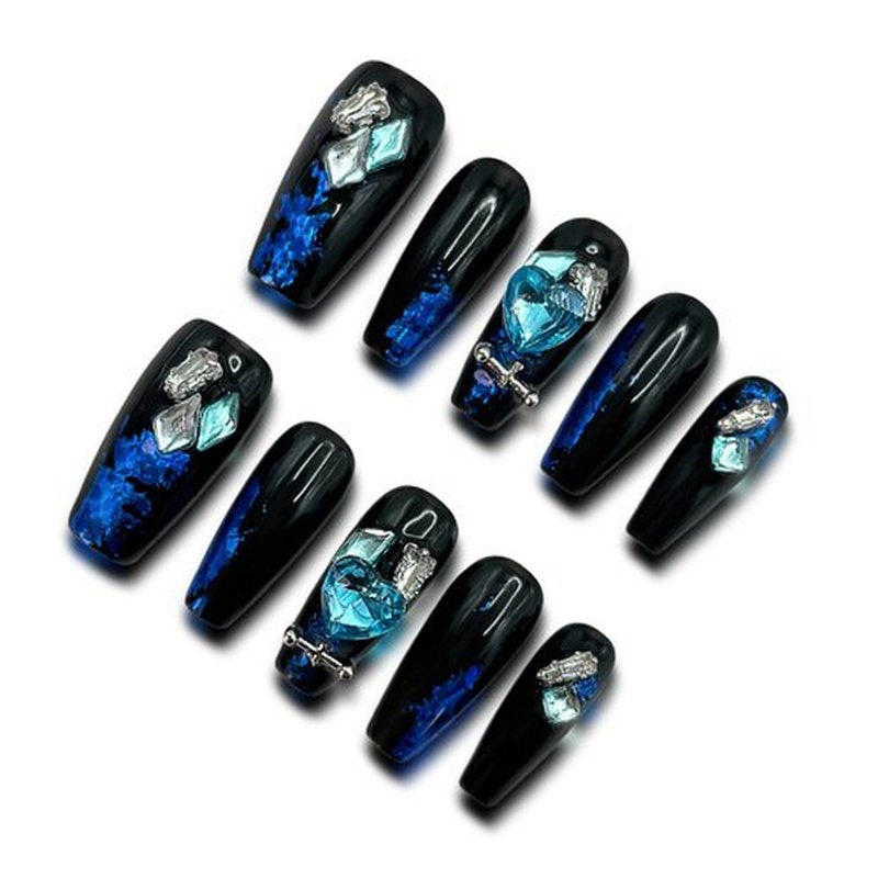 Wsliana Handmade Press On Nail Dark Blue.Diamond Press On Nail Medium Coffin Acrylic Fake Nails with Charm 3D Design,Reusable Glue On Nail for Woman Girls Gift,Set of 10pcs Glossy False Nail(008 S)
