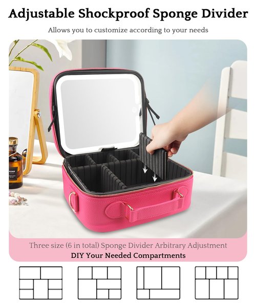 MOMIRA Travel Makeup Bag Cosmetic Bag with Lighted Mirror, Adjustable Brightness in 3 Color Scenarios/Detachable makeup mirror, 2024-All-round Upgrade, Waterproof, Gift for Women -Rose Red