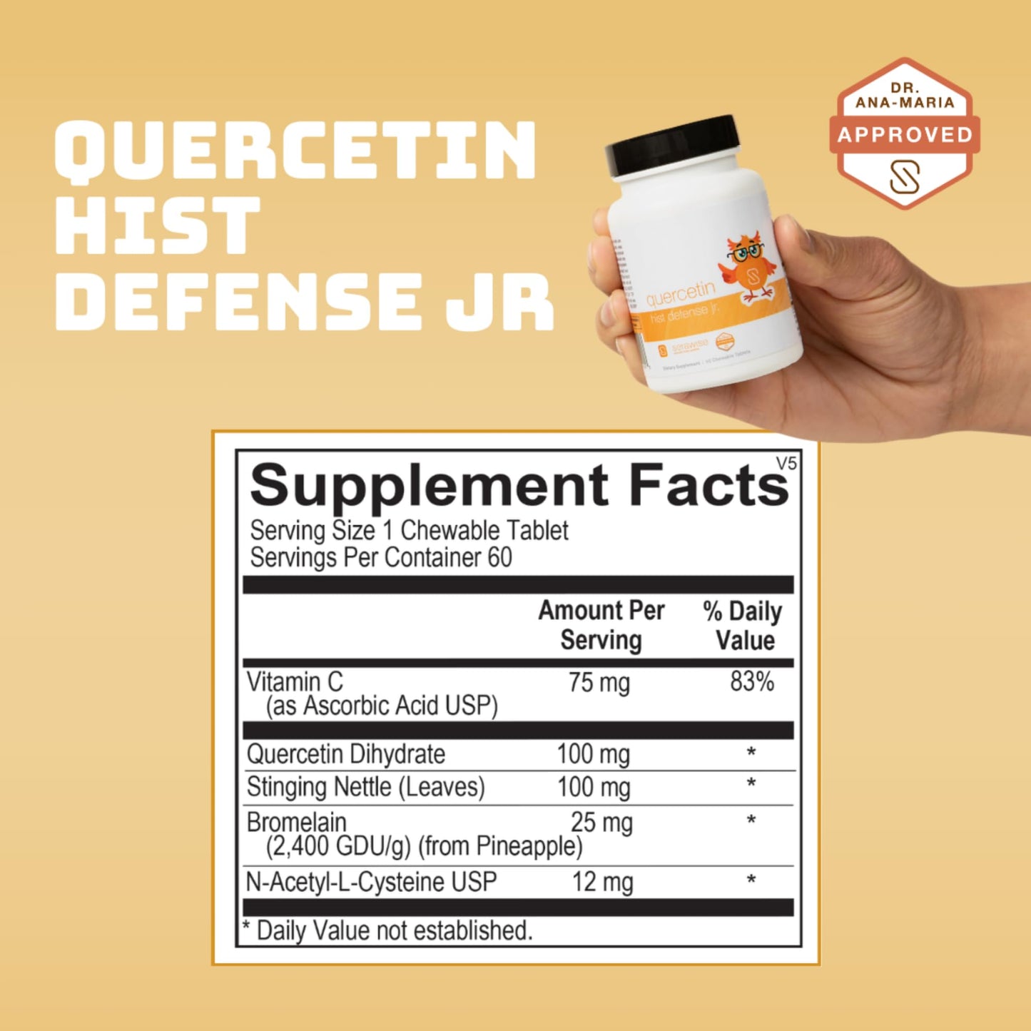Serawise Quercetin Hist Defense Jr. By Dr. Ana Maria Temple | Natural Seasonal Support for Kids | With Quercetin, Stinging Nettle, Bromelain, NAC and Vitamin C | 60 Chewable Tablets