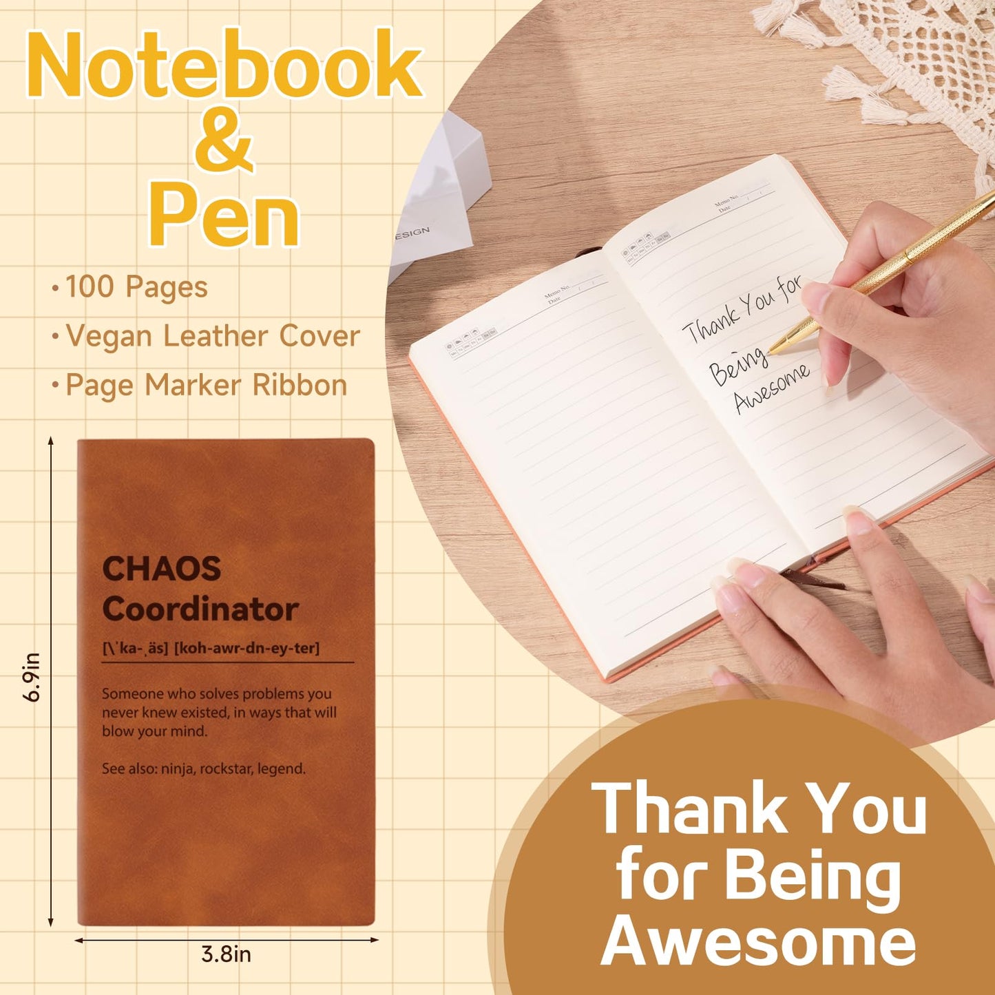 Thank You Gifts for Women, Chaos Coordinator Gift for Employee Coworkers Teacher Nurse Boss Lady Secretary Principal Manager Assistant Appreciation Gifts w/ Notebook, Spa Items, Brown