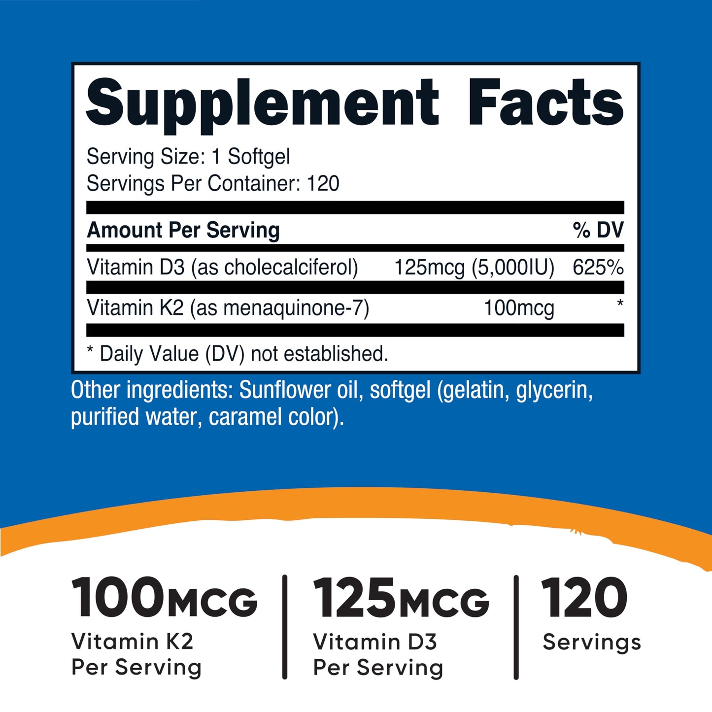 Nutricost Vitamin D3 + K2 (5000 IU D3 / 100mcg MK7) 120 Softgels, GMO-Free