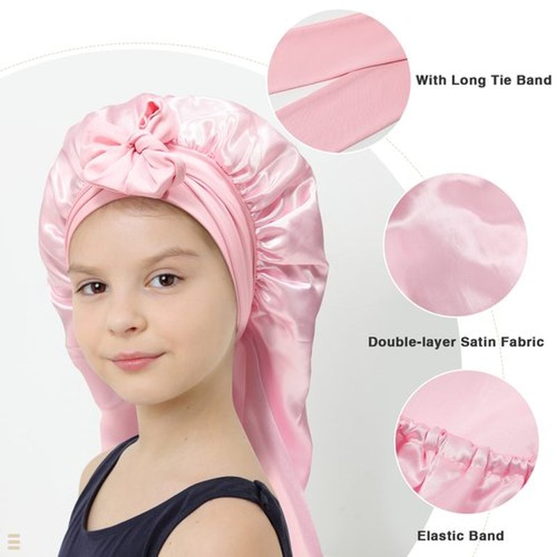 Kids Long Hair Bonnet for Sleeping - Double Layer Girls Elastic Satin Bonnet with Tie Band for Braid Curly Hair (Pink)