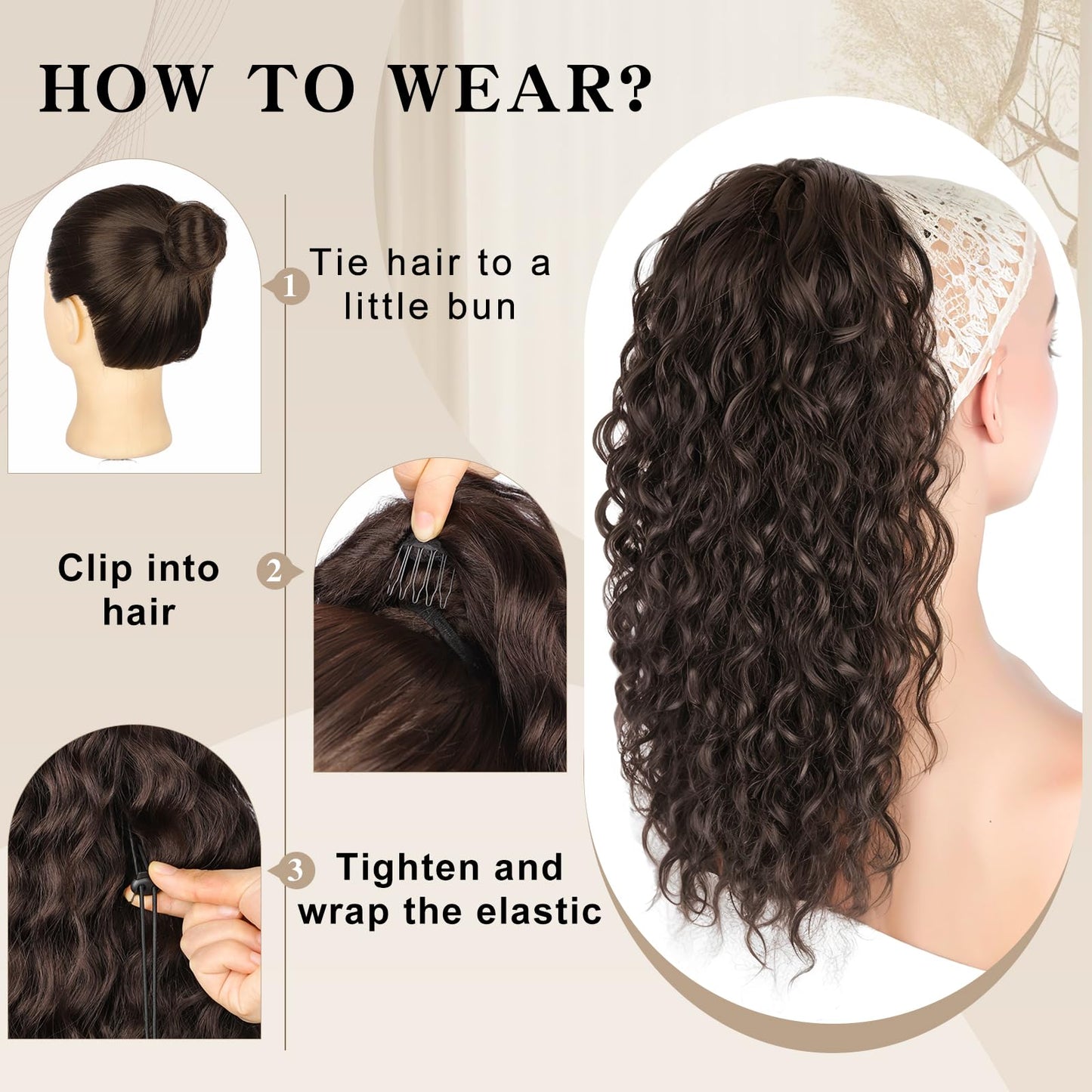 SHNMIN Ponytail Extension, Curly Drawstring Ponytail Extension for Women 18 Inch Curly Wavy Ponytail Yaki Textured Natural Fluffy Synthetic Hairpiece for Daily Use