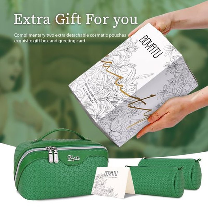 Travel Makeup Bags Cosmetic Organizer Bag: Large Capacity Make up Bag Set of 3 - Vegan Leather Woven Toiletry Bag for Women - Portable Makeup Organizer with Compartments & Handle & Divider Green
