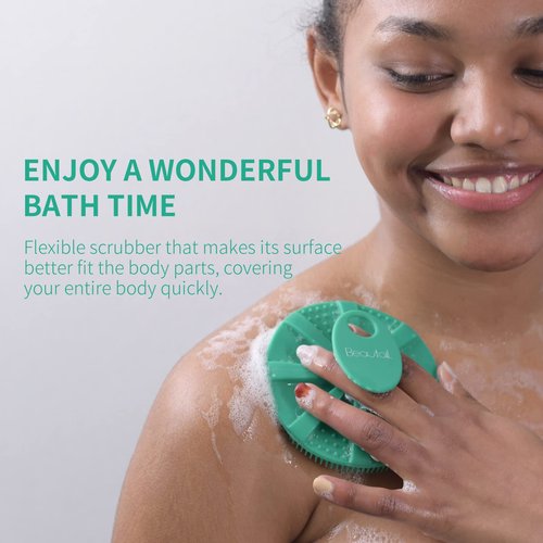 Silicone Body Scrubber 2 Pack Shower Bath Brush, More Hygienic Than Traditional Loofah, Lather Nicely, Long Lasting, Gentle Exfoliating for Women Men Baby Sensitive Skin, Rose+Green