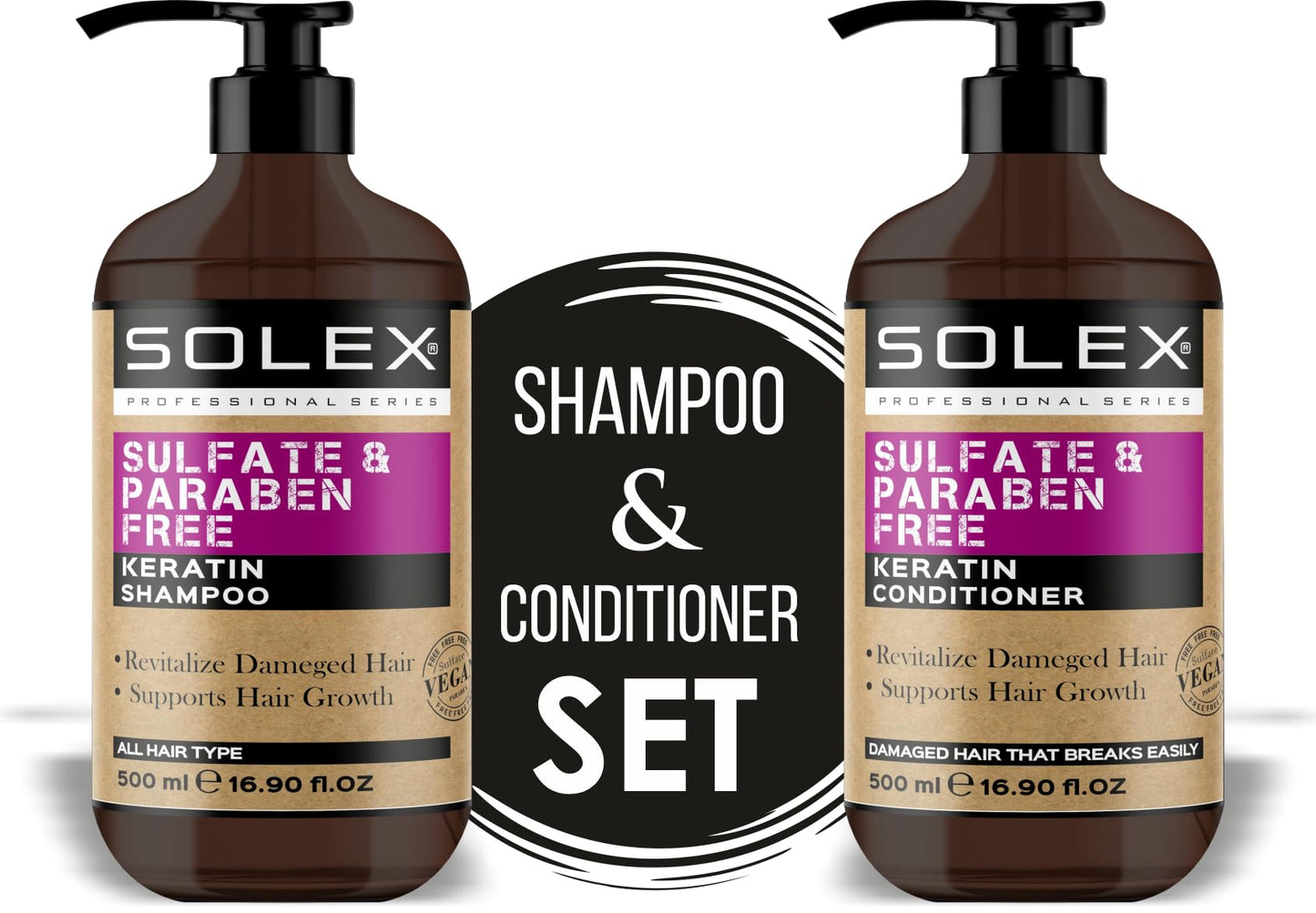 Solex Keratin Shampoo and Conditioner Set for Hair Growth- Sulfate & Paraben Free - Volumizing Shampoo - Treatment for Men & Women Hair Thickening Volumizing Products, (2 pc. X 16.9 Fl Oz / 500mL)