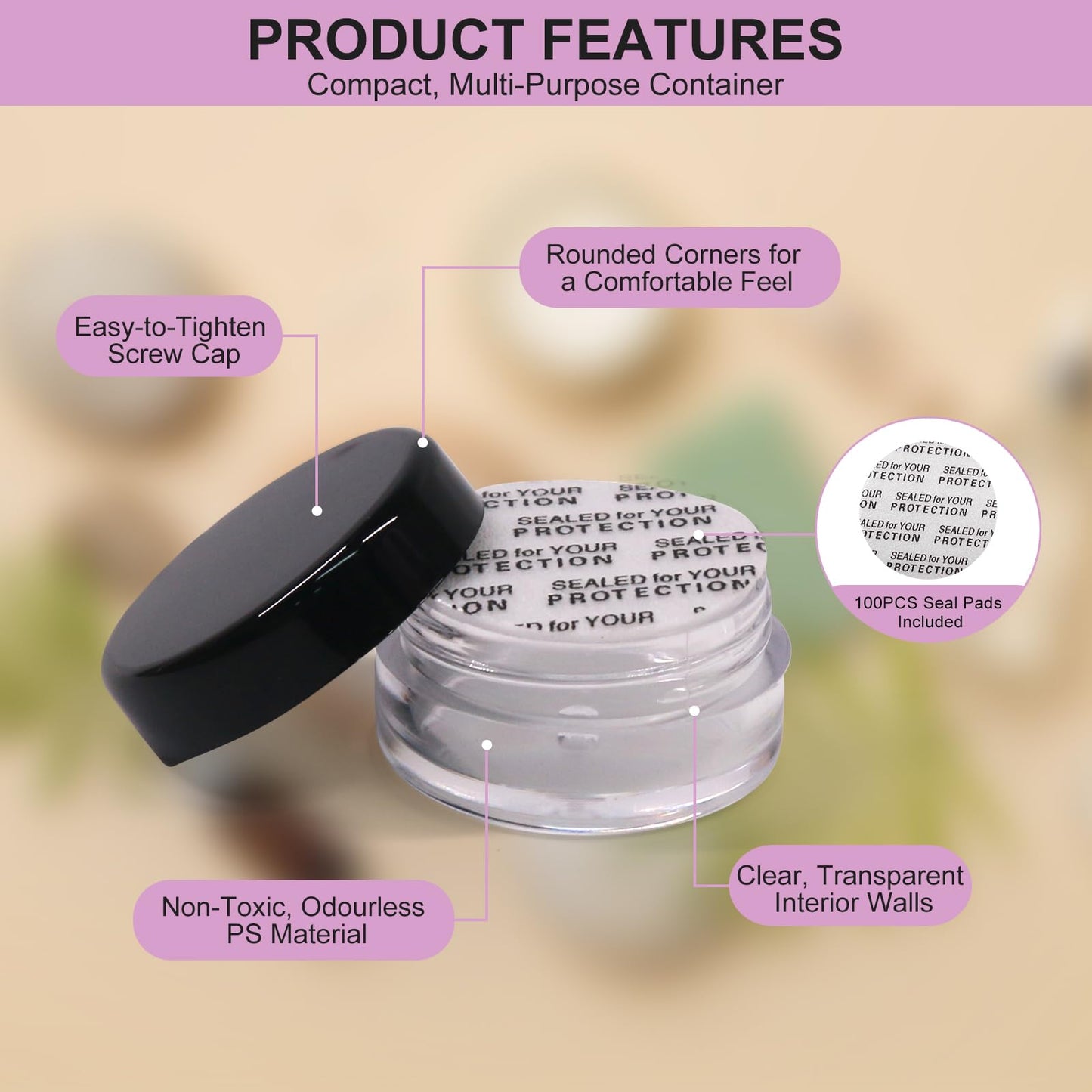 SumDirect 5 Gram Cosmetic Containers - 100Pcs Sample Jars with Lids, Small Plastic Makeup Sample Containers with 10Pcs Organza Bags and a Scoop