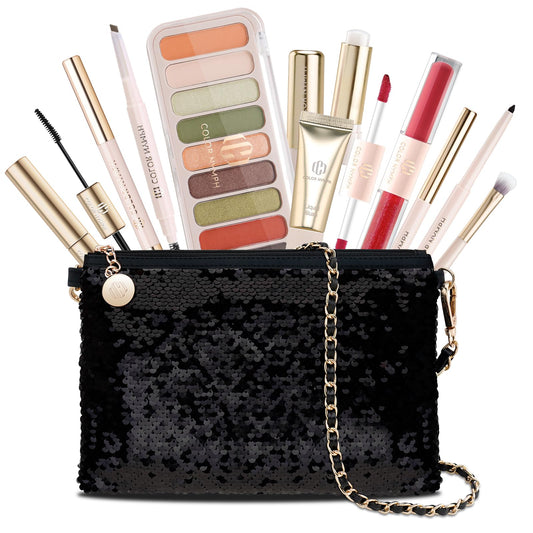 Color Nymph Teen Girls Makeup Kits, All In One Makeup kit For Girls Makeup For Teen Girls with Sequin Bag Packed Individually 9 Colors Eyeshadow Liquid Blush Lip gloss Mascara -Orange Green