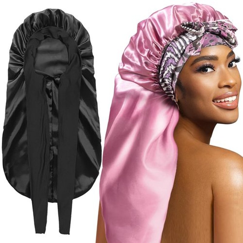 2Pack Bonnets for Black Women Braid Bonnet, Large Long Bonnet Satin Bonnet for Braids,Black Women Silk Bonnet with Stretchy Tie Band Braid Bonnet for Sleeping Extra Long (Black&Pink Pattern)