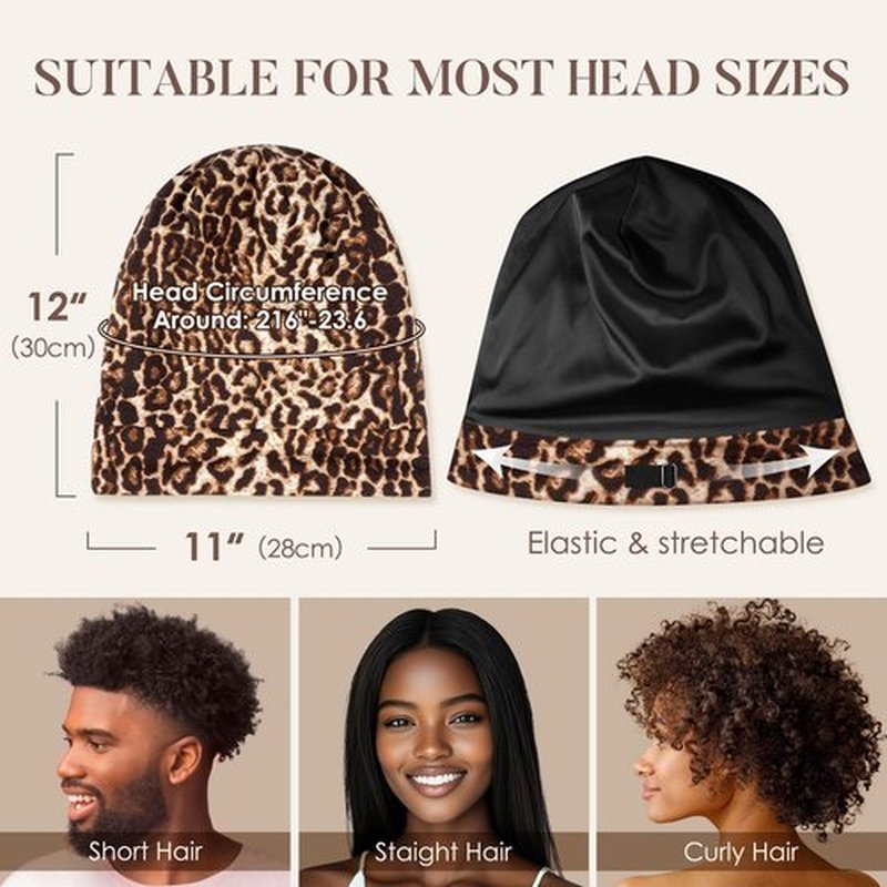 LULUSILK 100% Mulberry Silk Lined Sleep Cap Silk Bonnet for Sleeping, No More Frizzy Tangled Hair, Stay On All Night Adjustable Silk Hair Wrap for Sleeping, Brown Leopard, Pack of 1