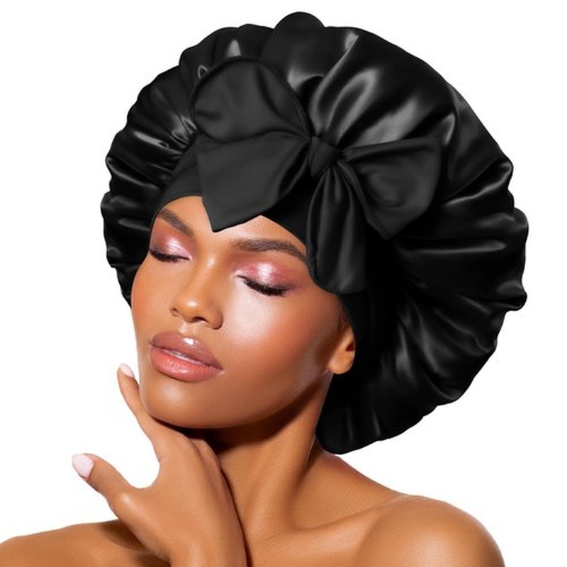 BONNET QUEEN 2pcs Pack Silk Bonnet for Sleeping Women Satin Bonnet Hair Bonnet night sleep cap scarf wrap for curly hair with tie band black pink