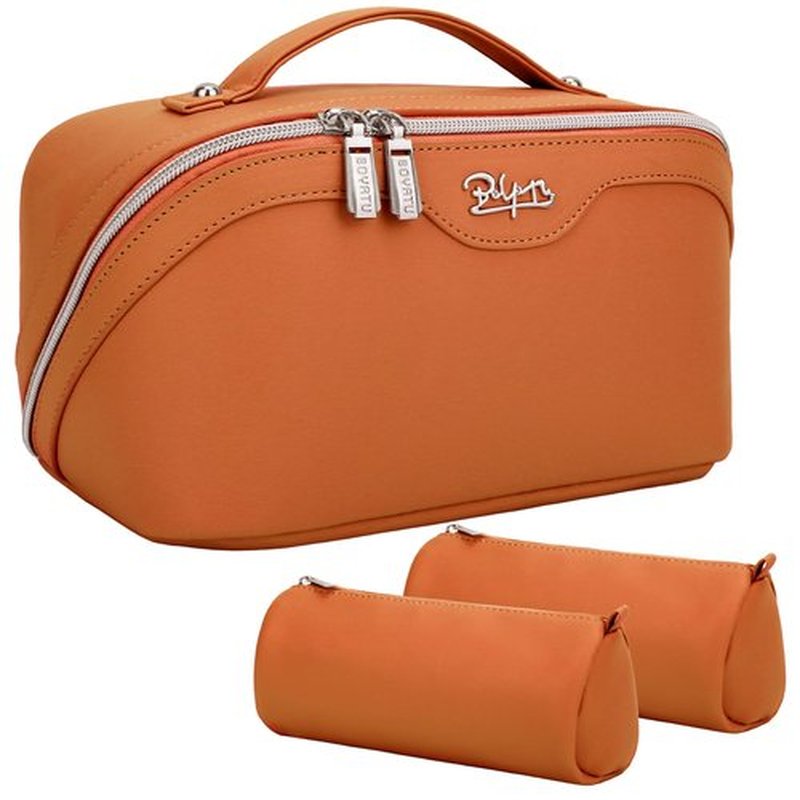Travel Makeup Bags Cosmetic Organizer Bag: 3-Set Large Capacity Make up Bag - PU Leather Toiletry Bag for Women - Wide Open Portable Pouch with Divider & Handle (09-Orange brown)