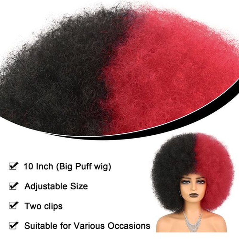 Wallden Hair Short Afro Wigs for Women Glueless Wear and Go Wig Half Black Half Red Synthetic Wig Natural Looking Heat Resistant Fiber Wig for Cosplay Costume Party Halloween Use(Black and Red)